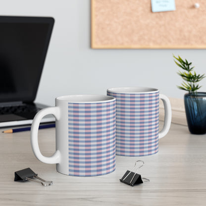 Plaid Pattern Coffee Mug — Pastel Blue & Pink 11oz Ceramic Mug