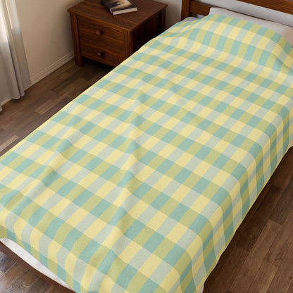 Plaid Velveteen Plush Blanket - Pastel Yellow & Mint Cozy Throw