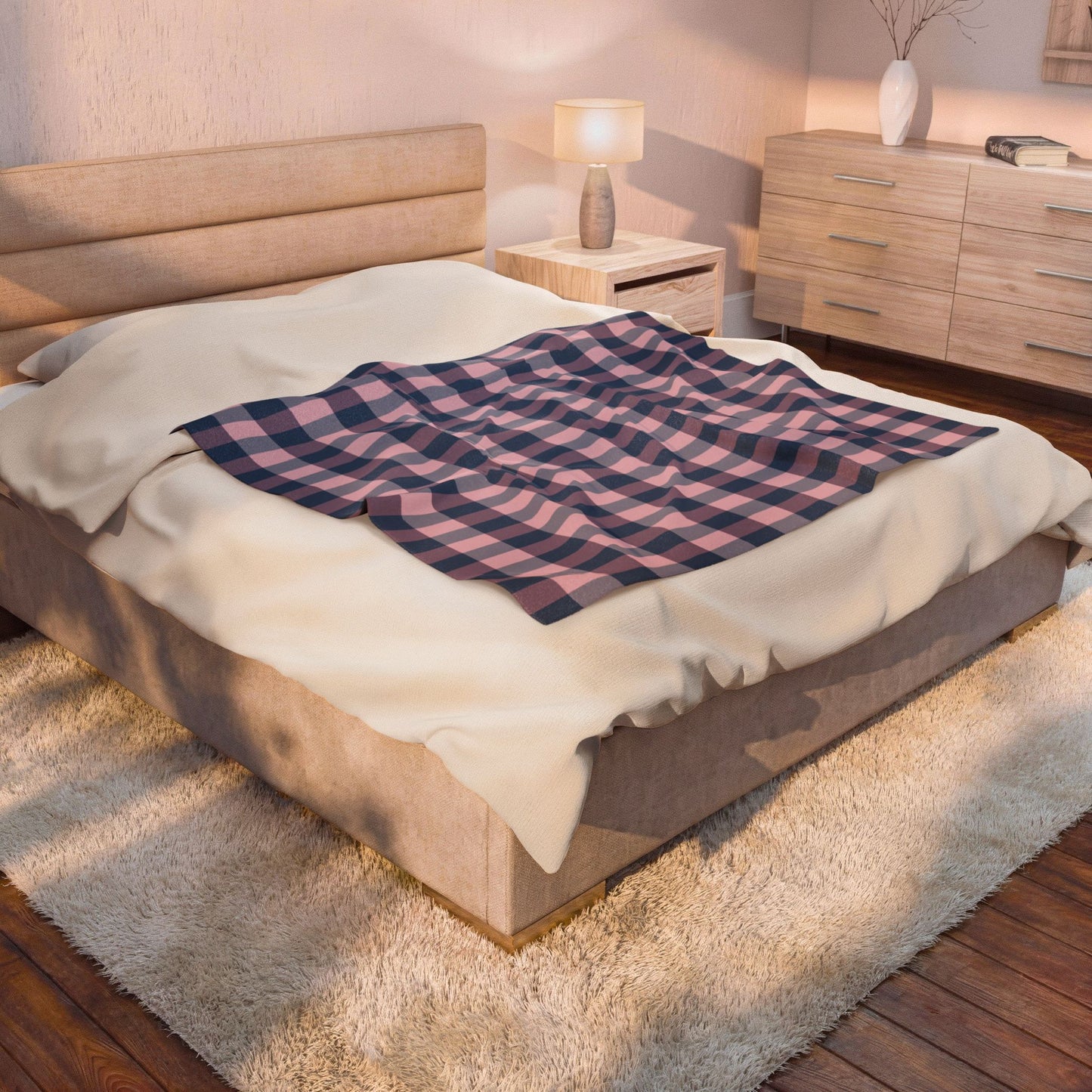 Plaid Velveteen Plush Blanket — Pink & Navy Cozy Throw