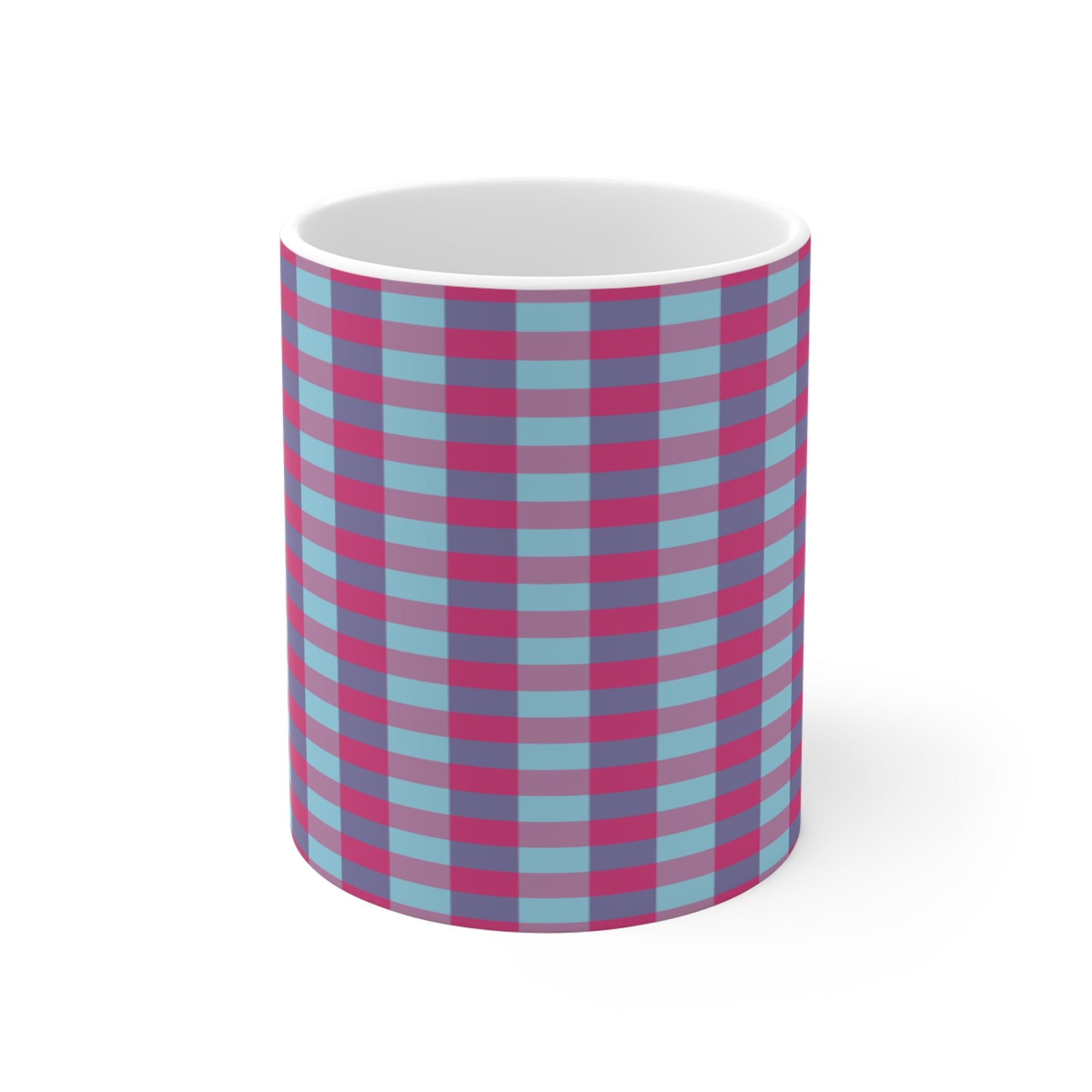 Plaid Pattern Ceramic Mug — Pink & Teal Checkered 11oz Coffee Cup