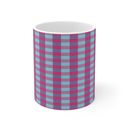 Plaid Pattern Ceramic Mug — Pink & Teal Checkered 11oz Coffee Cup