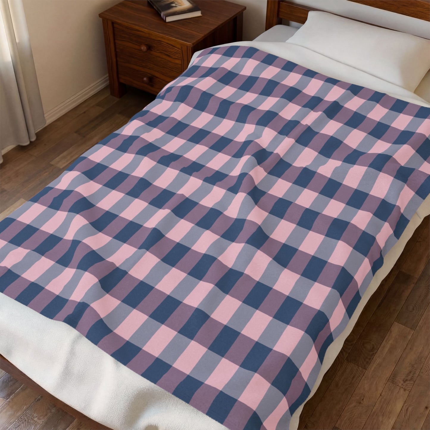 Plaid Velveteen Plush Blanket — Pink & Navy Cozy Throw