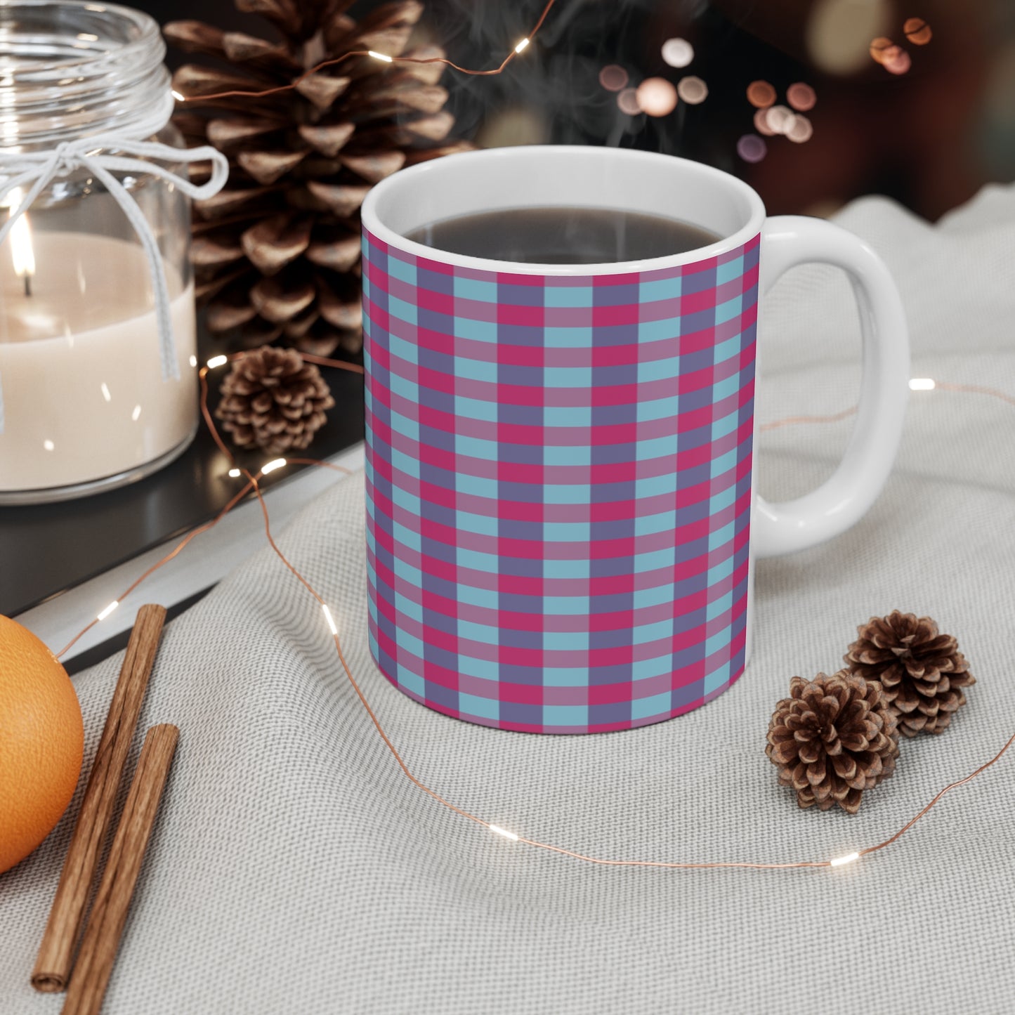 Plaid Pattern Ceramic Mug — Pink & Teal Checkered 11oz Coffee Cup