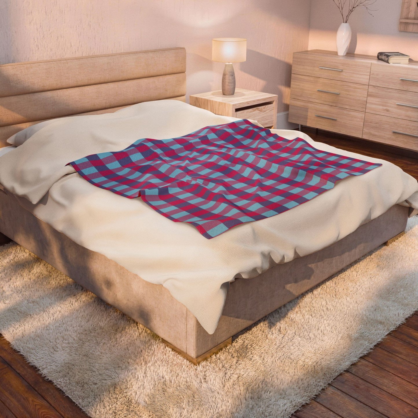 Pink & Teal Plaid Velveteen Plush Blanket – Soft Cozy Throw for Home, Dorm & Gifts
