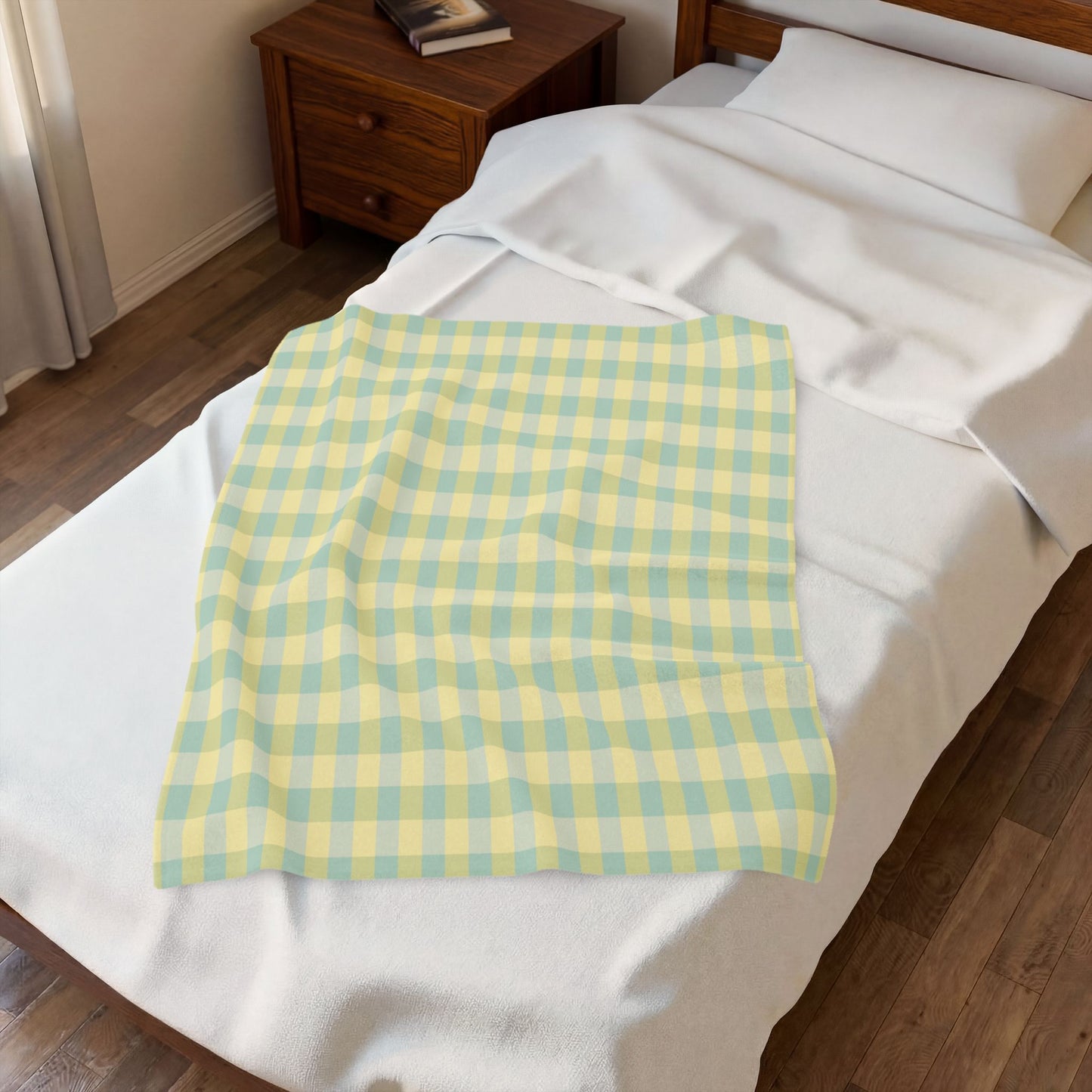 Plaid Velveteen Plush Blanket - Pastel Yellow & Mint Cozy Throw