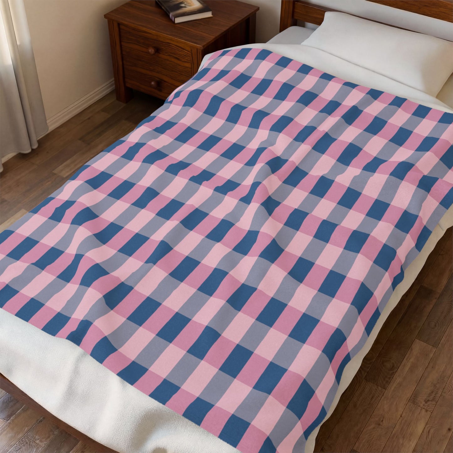 Pink & Navy Plaid Velveteen Plush Blanket — Cozy Checkered Throw for Home, Nursery & Gifts