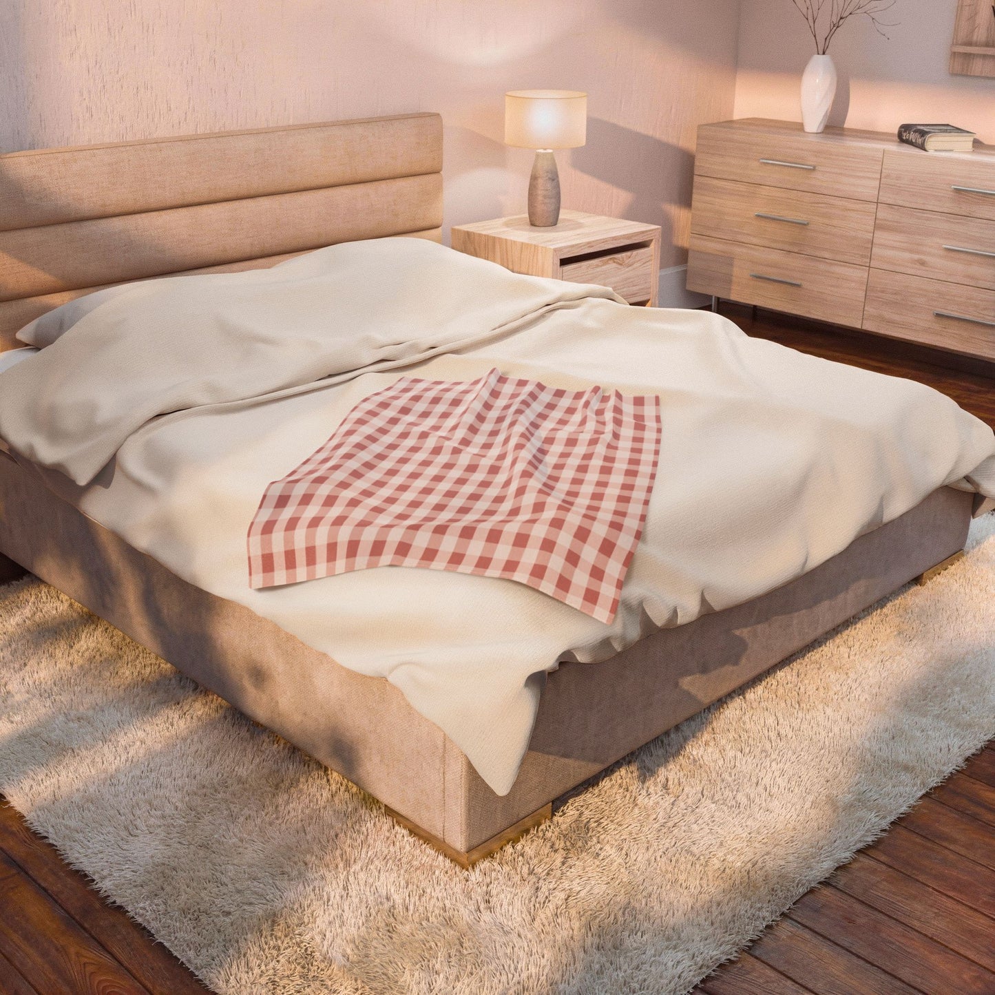 Pink Gingham Velveteen Plush Blanket – Cozy Farmhouse Throw