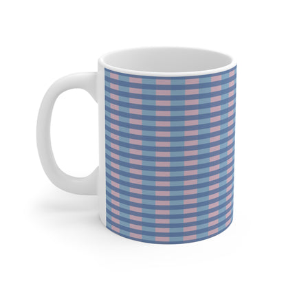 Blue & Pink Gingham Pattern Mug — 11oz Ceramic Coffee Cup