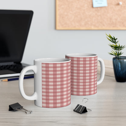 Pink Gingham Ceramic Coffee Mug — Retro Check Pattern 11oz