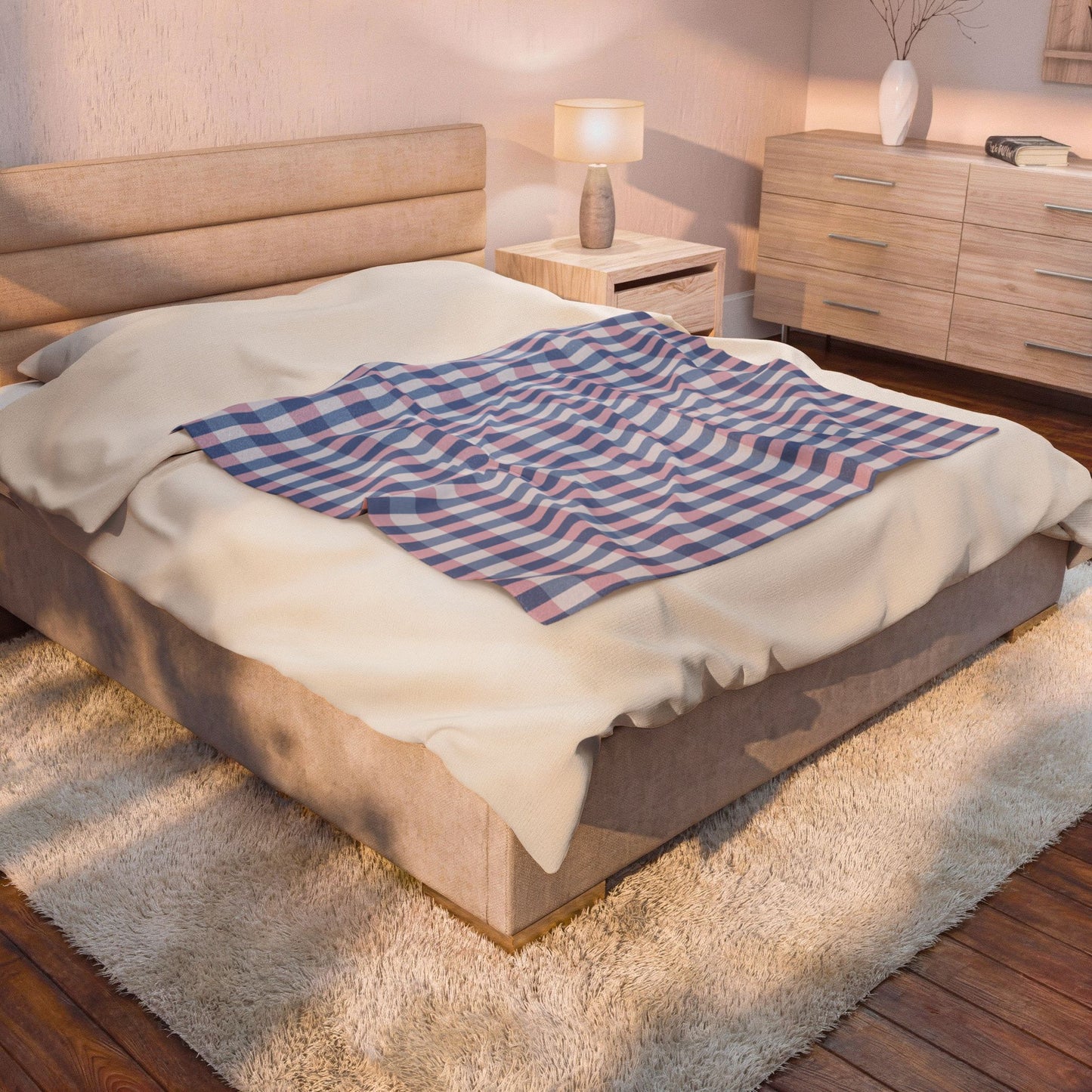 Plaid Velveteen Plush Blanket — Soft Pink & Blue Check Throw