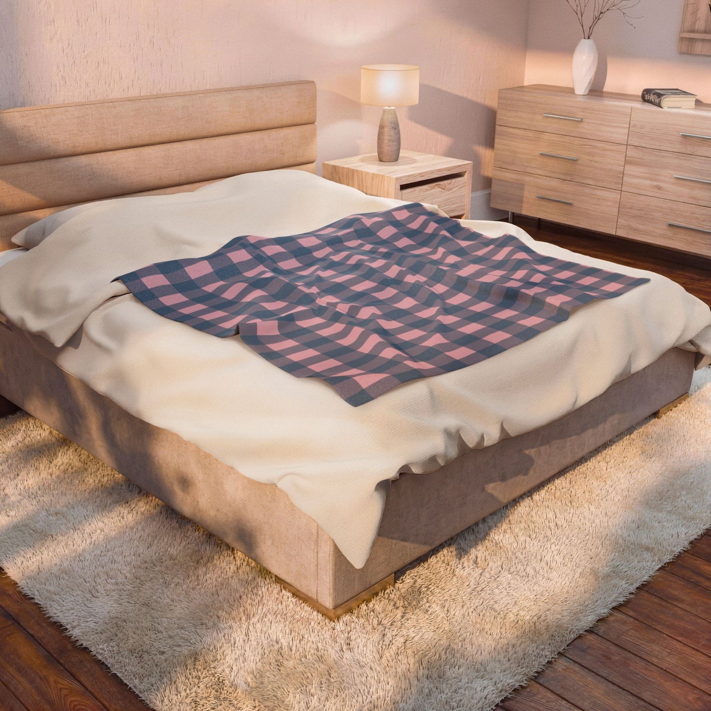 Plaid Velveteen Plush Blanket – Pink & Blue Cozy Throw for Home, Nursery, Gift