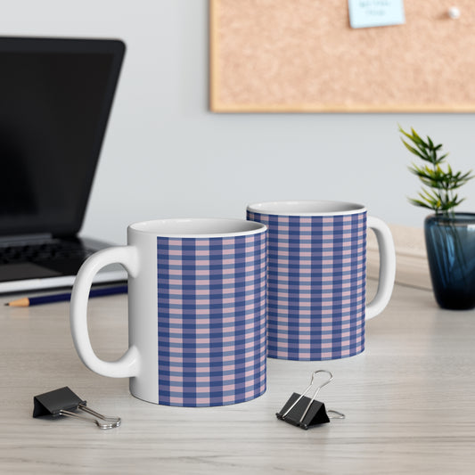 Blue & Pink Gingham Ceramic Mug — Classic Plaid Coffee Cup