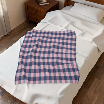 Plaid Velveteen Plush Blanket — Pink & Navy Cozy Throw