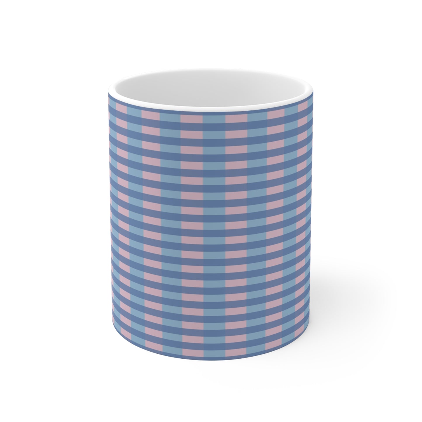 Blue & Pink Gingham Pattern Mug — 11oz Ceramic Coffee Cup