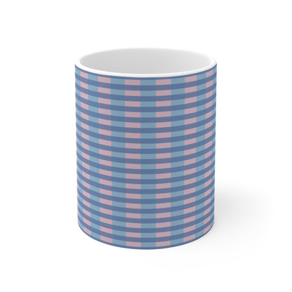 Blue & Pink Gingham Pattern Mug — 11oz Ceramic Coffee Cup