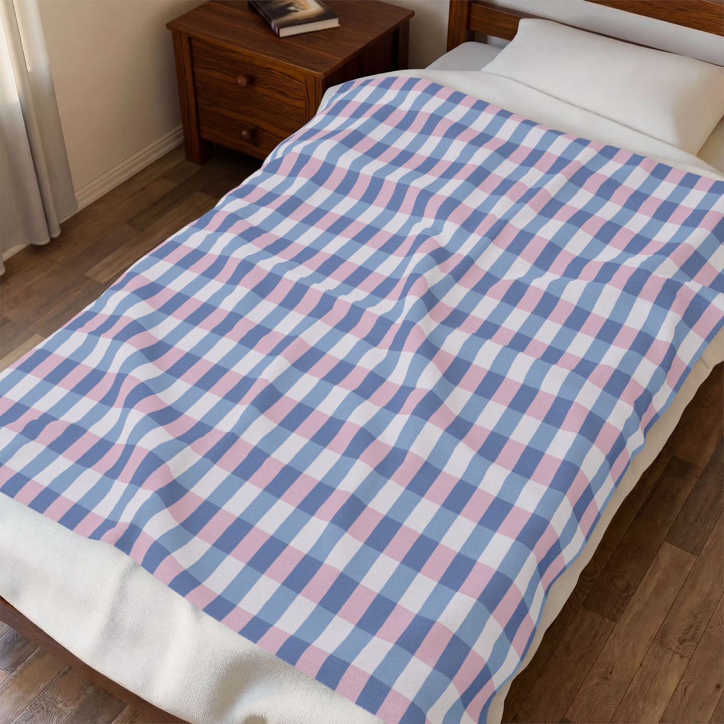 Plaid Velveteen Plush Blanket — Soft Pink & Blue Check Throw