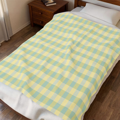 Plaid Velveteen Plush Blanket - Pastel Yellow & Mint Cozy Throw