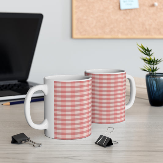 Pink Gingham Ceramic Mug – Red Plaid Coffee Cup