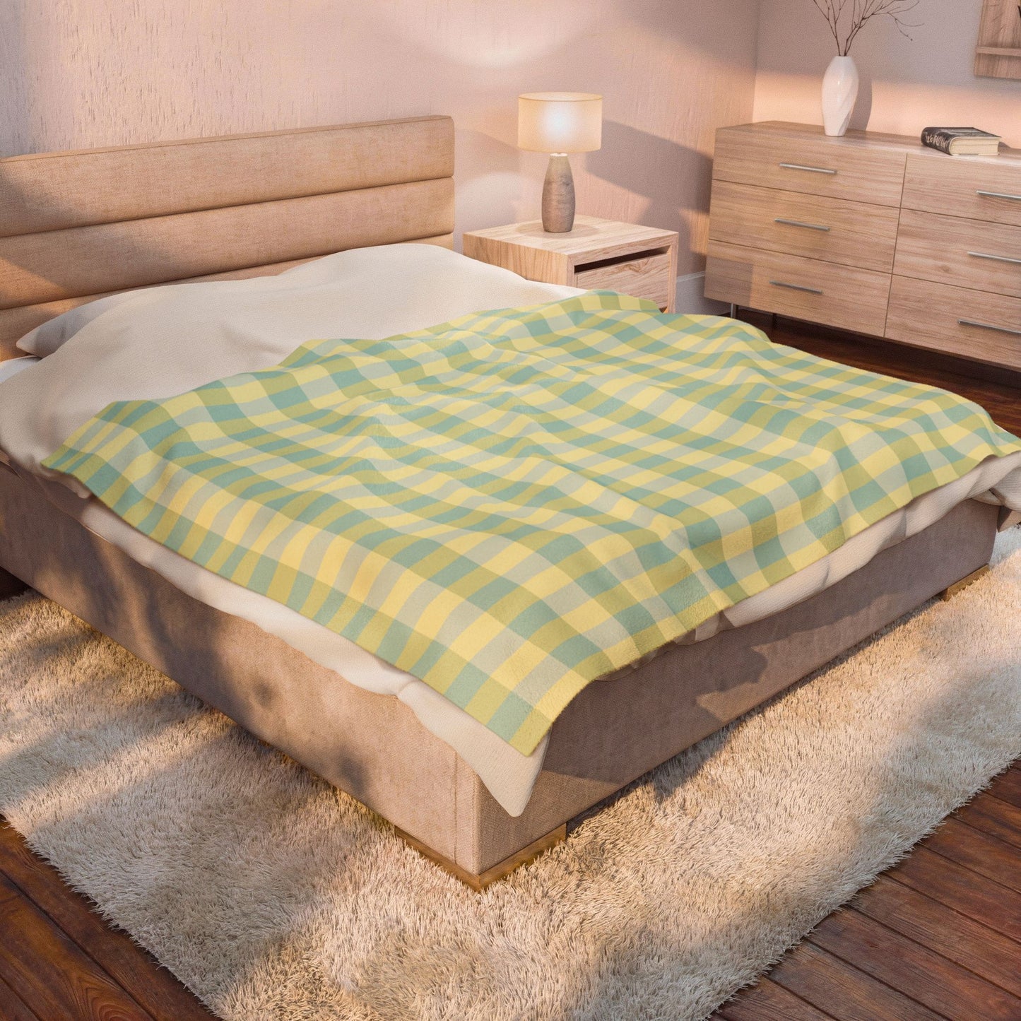 Plaid Velveteen Plush Blanket - Pastel Yellow & Mint Cozy Throw