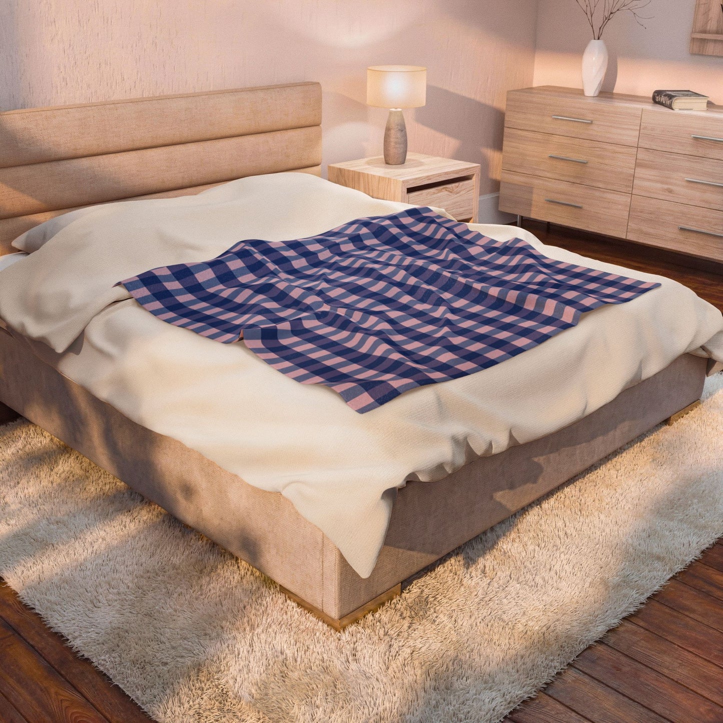 Blue & Pink Gingham Velveteen Plush Blanket
